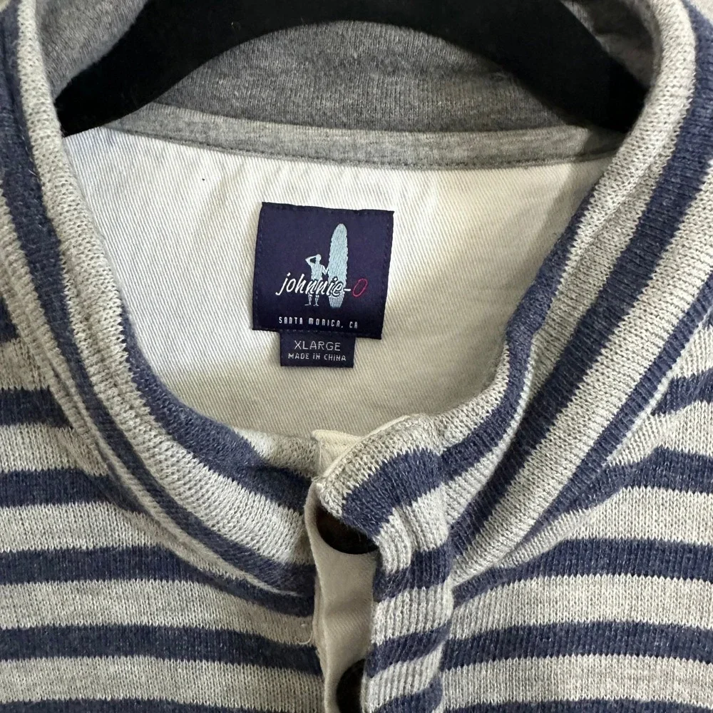 Johnnie-O Mens XL Gray Navy Blue Striped Quarter Button Mock‎ Neck Pullover